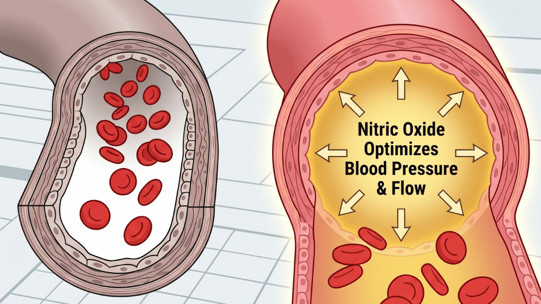 Illustration comparing normal and optimized function of blood vessels with nitric oxide.